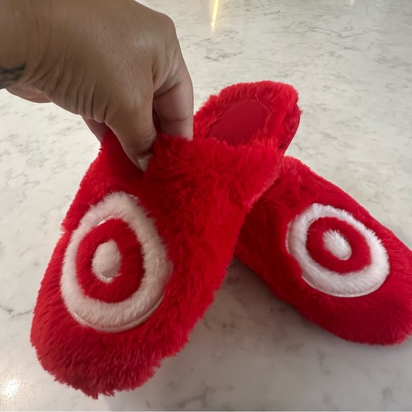 Target Red Plush Slippers with White Logo - Picture 6 of 8